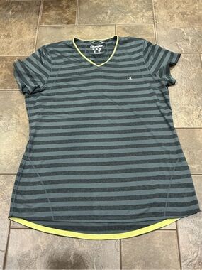 Champion Women’s Gray Striped V-Neck Top with Lime Trim